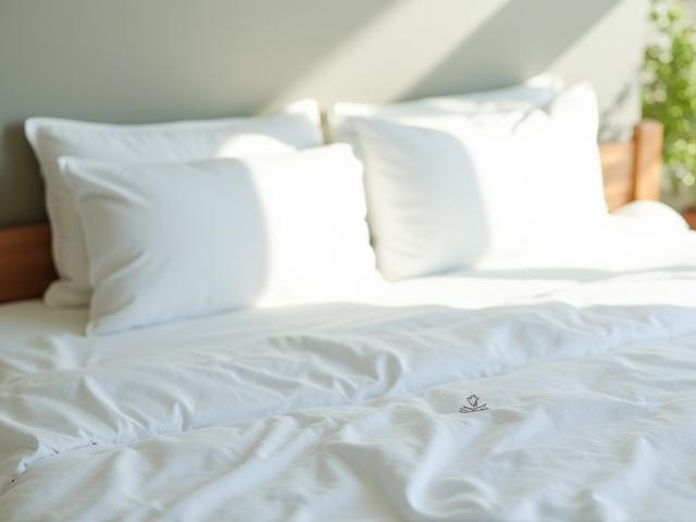 Luxury bedding set, organic cotton with subtle nature-inspired embroidery, soft natural light